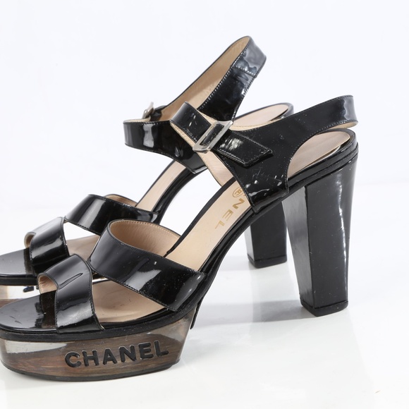 Chanel Vintage Black Logo Lucite Led  Platform SandalsPatent Leather Heels - Picture 1 of 14